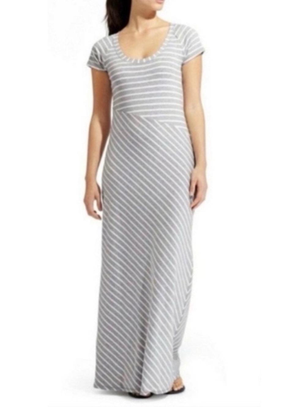 Athleta Makai Maxi Dress Gray White Stripe Pima Cotton Modal Size Medium
